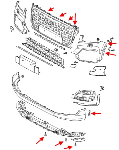 Esquema de fijación del parachoques delantero del Audi Q2