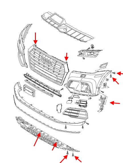 Схема крепления переднего бампера Audi Q5 II (2017+)