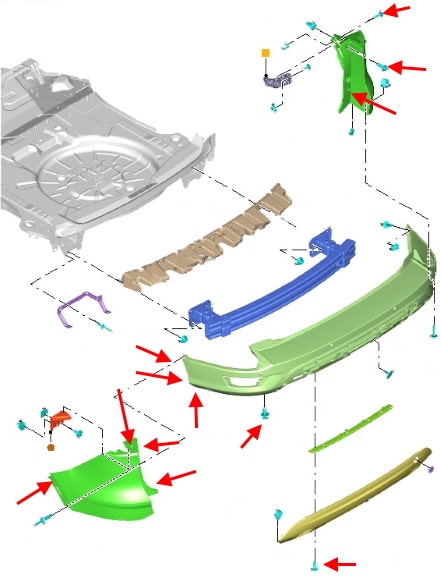 Schéma de montage du pare-chocs arrière Ford Escape (2012-2019)
