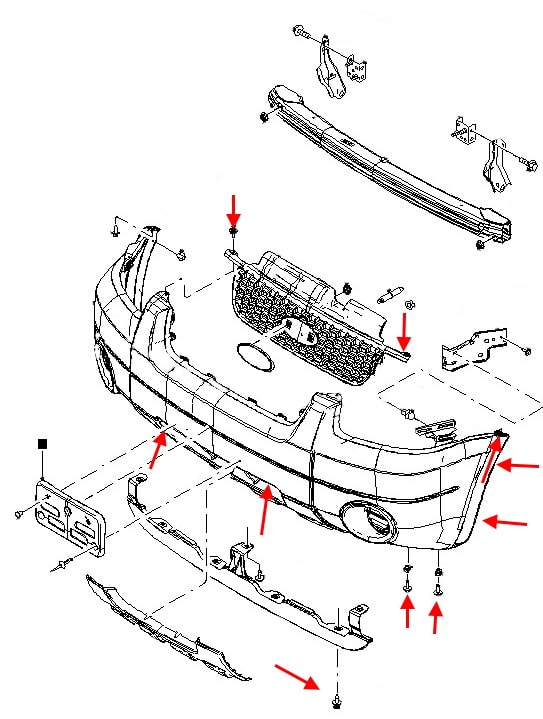 Diagrama de montaje del parachoques delantero Ford Maverick (2000-2007)