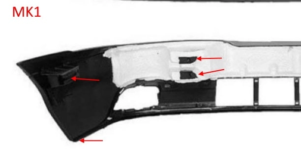 Befestigungspunkte für die vordere Stoßstange des Ford Mondeo Mk1