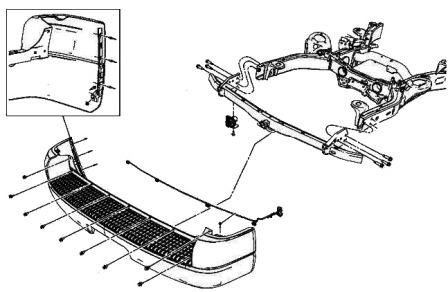 the scheme of fastening the rear bumper of the Ford Explorer III (2002-2005)