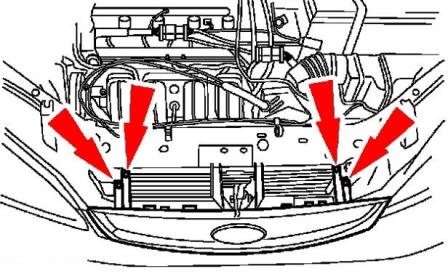 schema di montaggio della griglia del radiatore Ford Focus 1 (1998-2005)