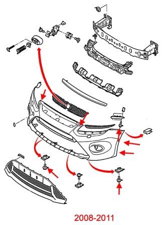 diagrama de montaje del parachoques delantero Ford Focus 2 (2008-2011)