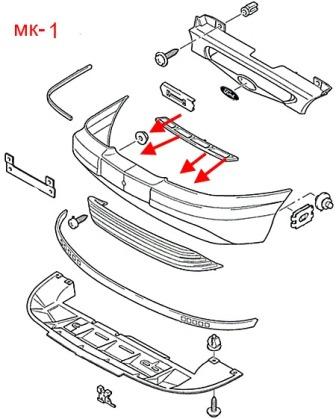Schema di montaggio del paraurti anteriore Ford Mondeo Mk1