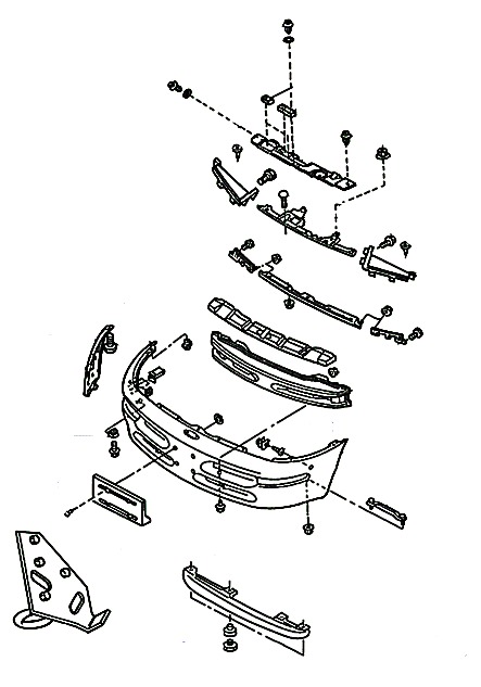 diagrama de montaje del parachoques delantero Ford Probe (1993-1998)