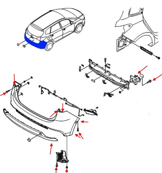 Schema di montaggio paraurti posteriore KIA Carens (Rondo) III RP (2013-2019)