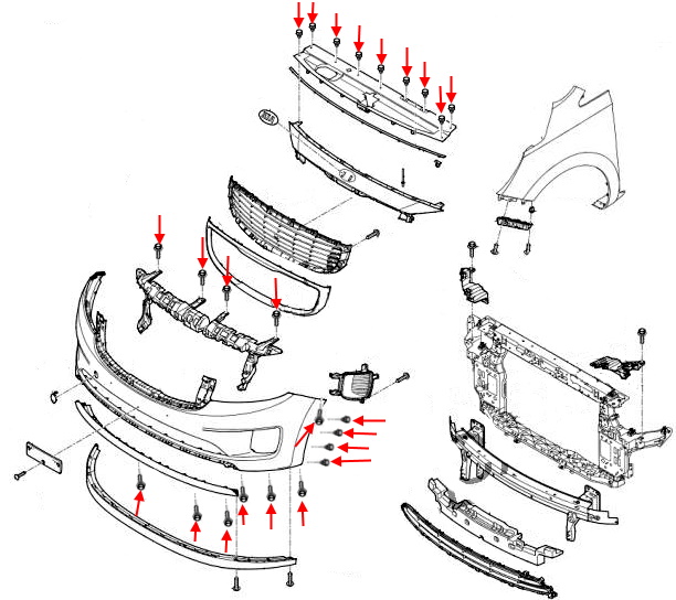 Schema di montaggio del paraurti anteriore KIA Carnival (Sedona) III YP (2014-2021)
