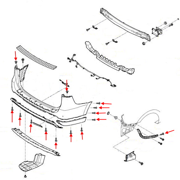 Schema di montaggio del paraurti posteriore KIA Carnival (Sedona) III YP (2014-2021)