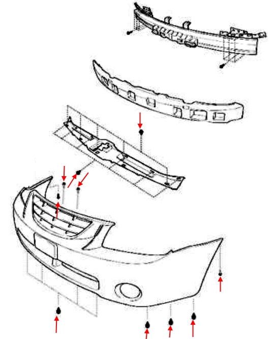 Schema di montaggio paraurti anteriore KIA Cerato (Spectra, Sephia) I LD (2003-2008)