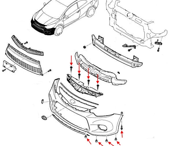 Schema di montaggio paraurti anteriore KIA Cerato III / Forte II YD (2013-2018)