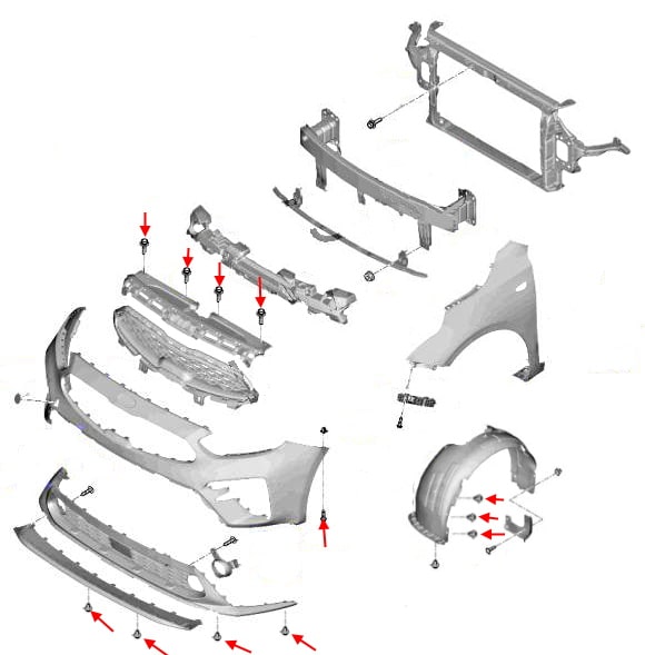Schema di montaggio del paraurti anteriore KIA Cerato IV / Forte III BD (2018+)