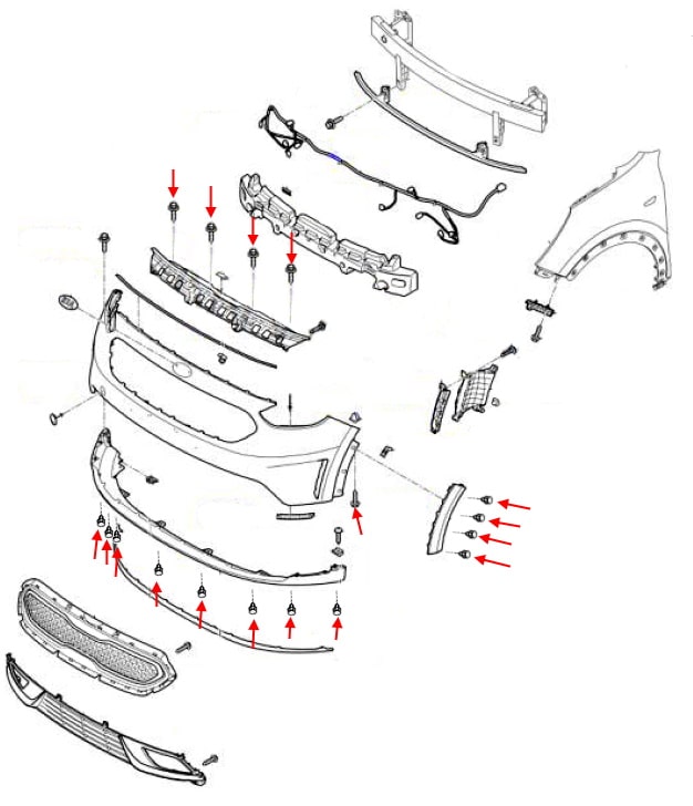 Schema di montaggio del paraurti anteriore Kia Niro I (DE) (2017-2022)