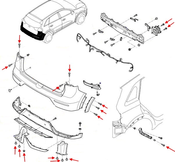 Schema di montaggio paraurti posteriore Kia Niro I (DE) (2017-2022)