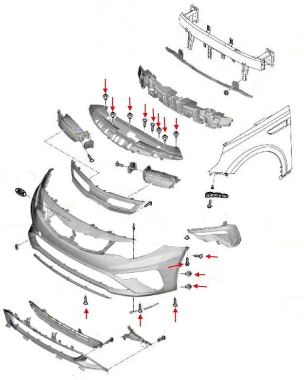Schema di montaggio del paraurti anteriore KIA Optima IV / K5 JF (2015-2020)