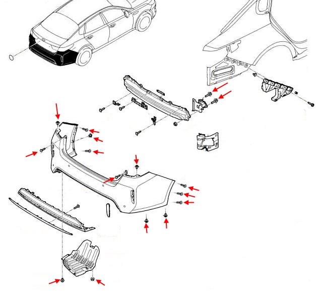 Schema di montaggio del paraurti posteriore KIA Optima IV / K5 JF (2015-2020)