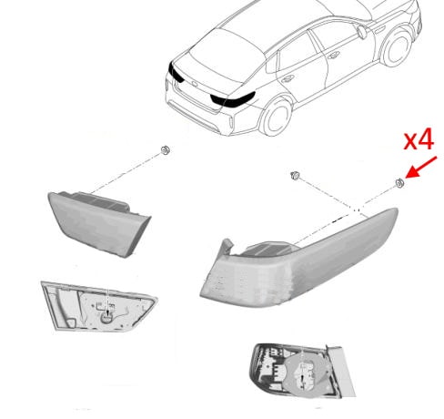 Schema di montaggio per fanale posteriore KIA Optima IV / K5 JF (2015-2020)