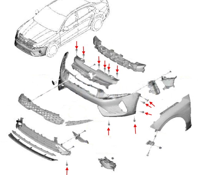 Schema di montaggio del paraurti anteriore KIA K5 DL3 / Optima V (2021+)