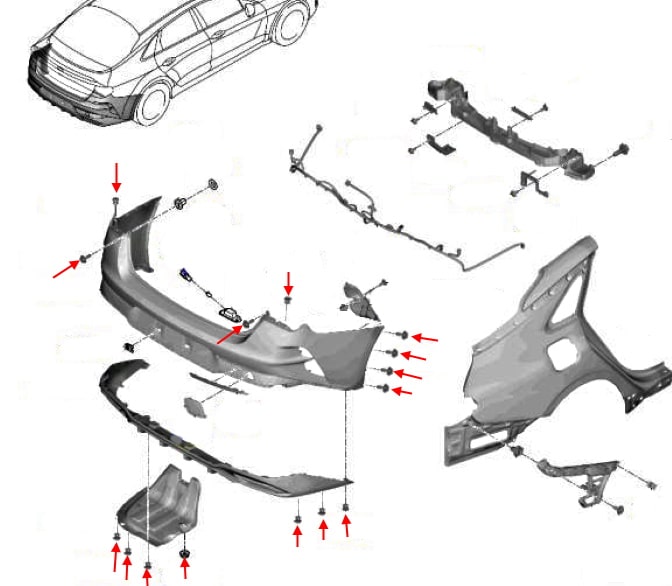 Schéma de montage du pare-chocs arrière KIA K5 DL3 / Optima V (2021+)