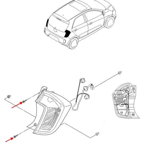 Schema di montaggio del fanale posteriore Kia Picanto / Morning II (TA) (2011-2017).