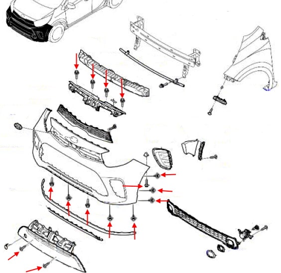 Schema di montaggio del paraurti anteriore Kia Picanto / Morning III (JA) (2017+)