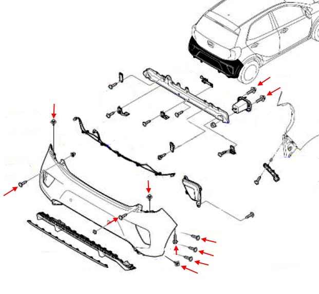 Schema di montaggio del paraurti posteriore Kia Picanto / Morning III (JA) (2017+)
