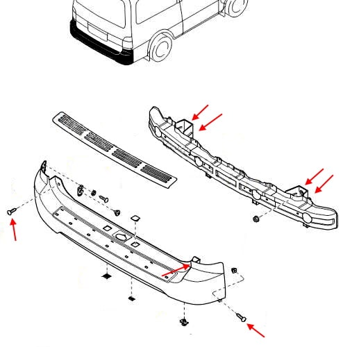 Schema di montaggio del paraurti posteriore Kia Pregio (1996-2005)