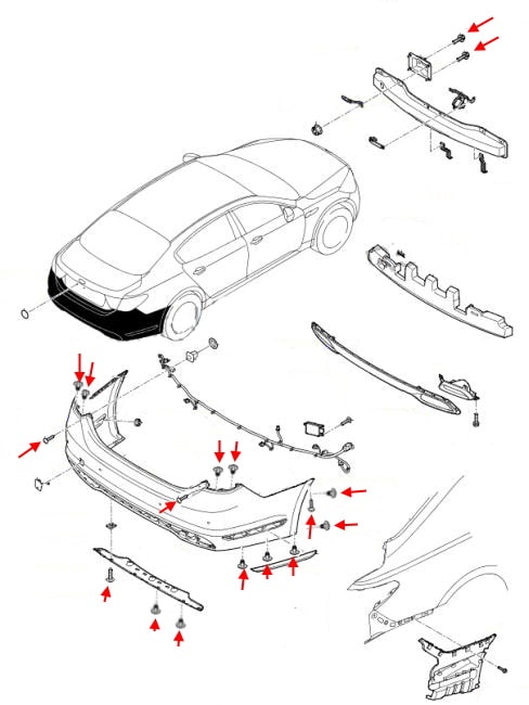 Schema di montaggio del paraurti posteriore Kia K900 / Quoris I (KH) (2012-2018)