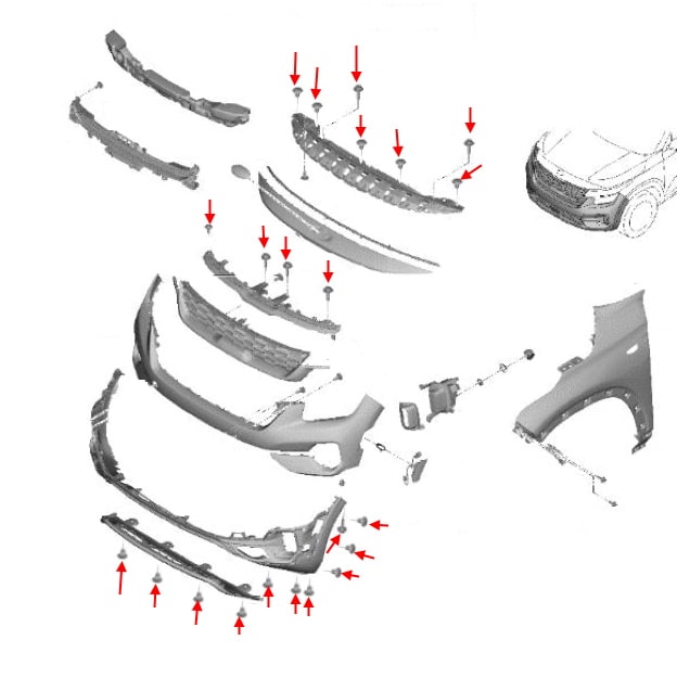 Schema di montaggio del paraurti anteriore Kia Seltos SP2 (2019+)