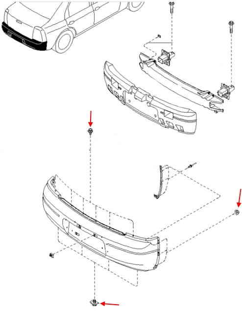 Kia Shuma I-II rear bumper mounting scheme (1997-2004)
