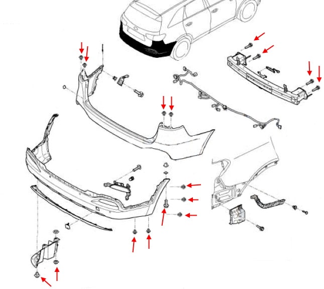 Схема крепления заднего бампера Kia Sorento III UM (2014-2020)