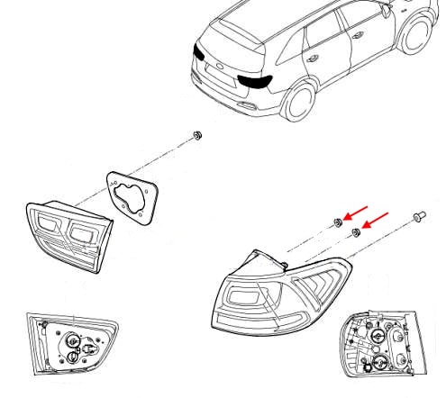 Schema di montaggio del fanale posteriore Kia Sorento III UM (2014-2020).