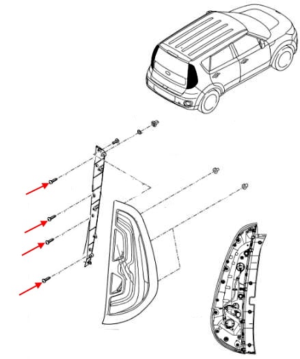 Schema di montaggio del fanale posteriore Kia Soul II (2014-2019).
