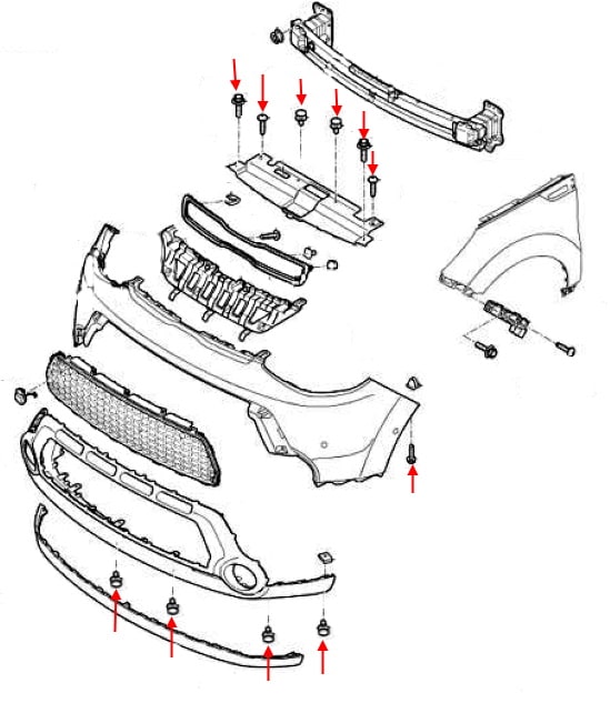 Schema di montaggio del paraurti anteriore Kia Soul II (2014-2019)