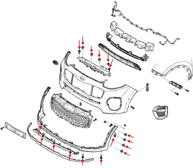 Schema di montaggio del paraurti anteriore Kia Sportage IV QL (2016-2022)