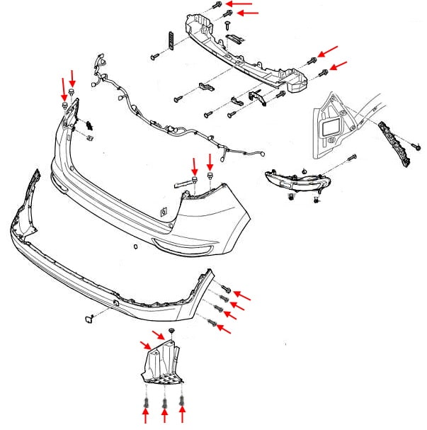 Schema di montaggio del paraurti posteriore Kia Sportage IV QL (2016-2022)