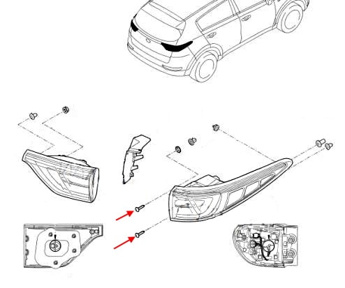 Schema di montaggio del fanale posteriore Kia Sportage IV QL (2016-2022).