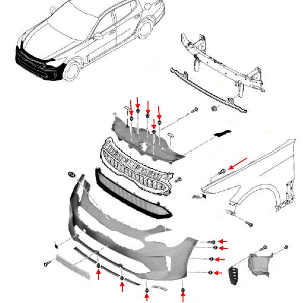 Schema di montaggio del paraurti anteriore Kia Stinger I CK (2017+)