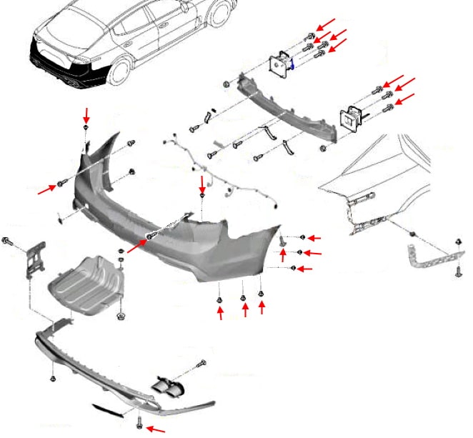 Schema di montaggio del paraurti posteriore Kia Stinger I CK (2017+)