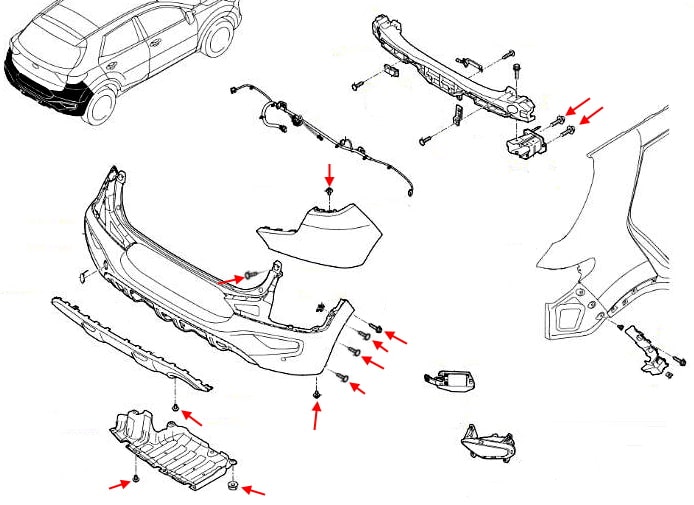 Schema di montaggio del paraurti posteriore Kia Stonic I (2017+)