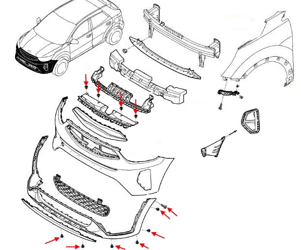 Schema di montaggio del paraurti anteriore Kia Stonic I (2017+)