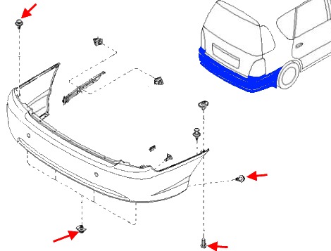 the scheme of fastening of the rear bumper KIA Carens (2000-2002)