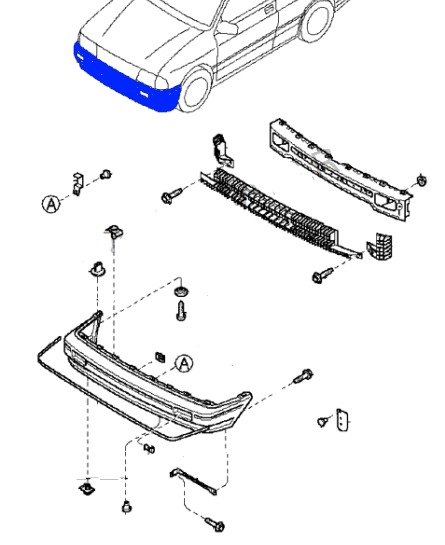 Schema di montaggio del paraurti anteriore KIA Pride (1987-2000)
