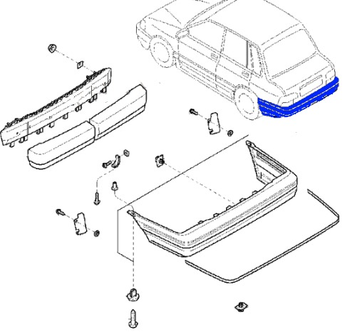 Schema di montaggio del paraurti posteriore KIA Pride (1987-2000)