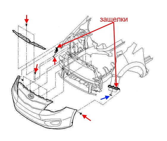 the scheme of fastening of the front bumper KIA Rio III (2011-2017)