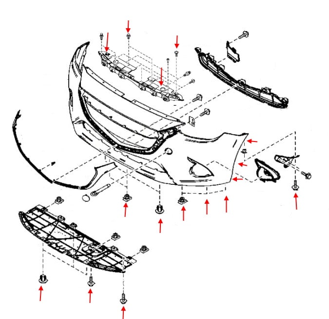 Schema di montaggio del paraurti anteriore per Mazda 2 III (DJ) (2014-2022)
