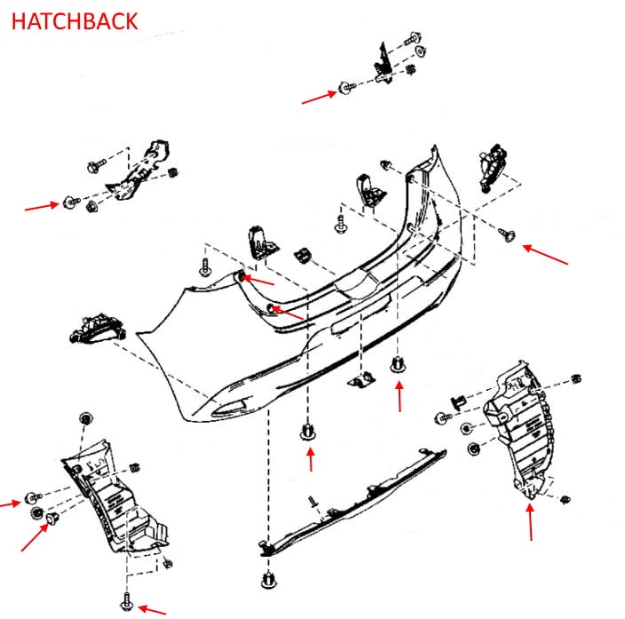Schema di montaggio del paraurti posteriore Mazda 2 III (DJ) (2014-2022) HATCHBACK