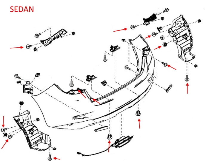 Esquema de montaje del parachoques trasero Mazda 2 III (DJ) (2014-2022) SEDAN