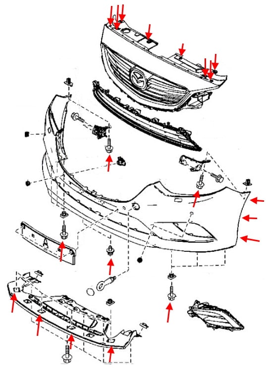 Schema di montaggio del paraurti anteriore Mazda 6 III (GJ/GL) (2013-2022)
