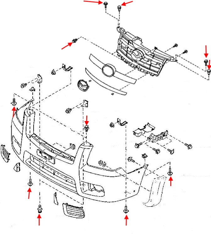 Schema di montaggio del paraurti anteriore Mazda BT-50 I (J97M) (2006-2011)